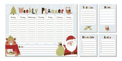 Weekly Christmas planner with bear and Santa. Vector