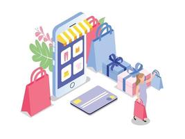 Woman shopping online on mobile phone apps vector