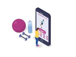 Woman using workout plan apps on mobile phone vector