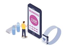 Man using a running exercise apps on mobile phone vector