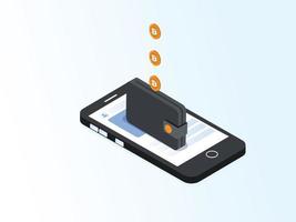 Bitcoin and e wallet apps on mobile phone vector