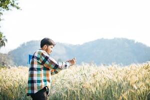 Smart farmer checking barley farm with tablet computer photo