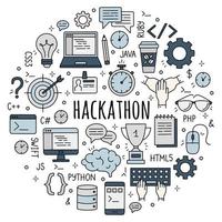 Hackathon and datathon set of doodle style icons. vector