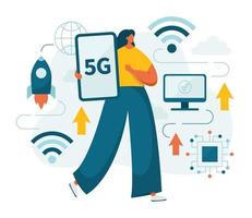 Woman and 5g network fifth generation telecom vector