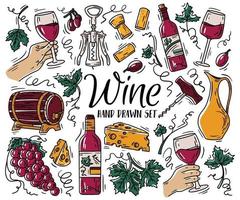 conjunto de colores vectoriales con vino y queso en el estilo de dibujo doodle vector