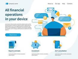 Finance landing page website with man and laptop vector