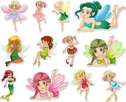 Set of stickers with beautiful fairies and mermaid cartoon character vector