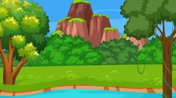 Stream flowing through the forest scene with mountain background vector