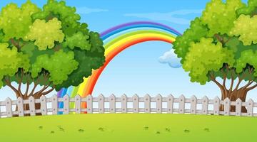 Escena del paisaje del parque con arco iris en el cielo vector