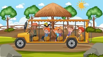 Safari en la escena diurna con muchos niños en un carrito de golf del zoológico. vector