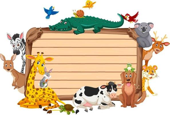 Empty wooden board with various wild animals