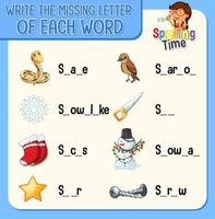 Write the missing letter of each word worksheet for children vector