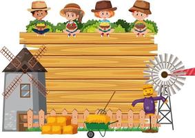 Tabla de madera vacía con niños y objetos de granja. vector