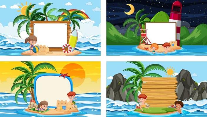 Set of different tropical beach scenes with blank banner