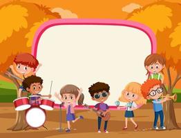 Banner vacío con niños tocando diferentes instrumentos musicales. vector