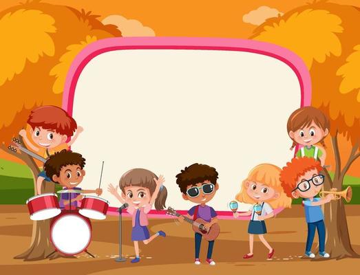 Empty banner with kids playing different musical instruments