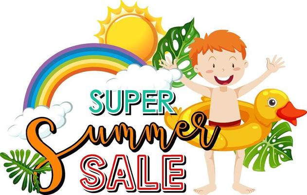 Super Summer Sale logo banner with a boy cartoon character