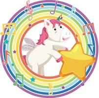 Unicorn in rainbow round frame with melody symbol vector