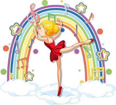 Ballerina dancing on the cloud with melody symbols on rainbow