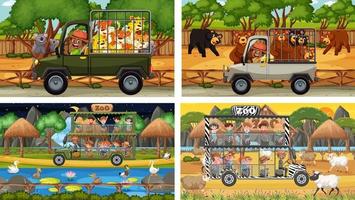 Conjunto de diferentes escenas de safari con animales y personajes de dibujos animados para niños. vector