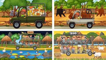 Set of different safari scenes with animals and kids cartoon character vector