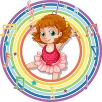 Ballerina in rainbow round frame with melody symbols vector