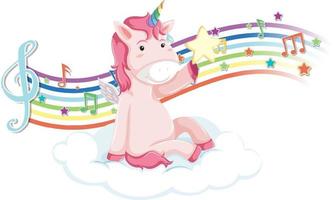 Pink unicorn standing on the cloud with melody symbols on rainbow vector