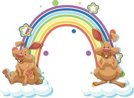 Two rabbits cartoon character with rainbow vector