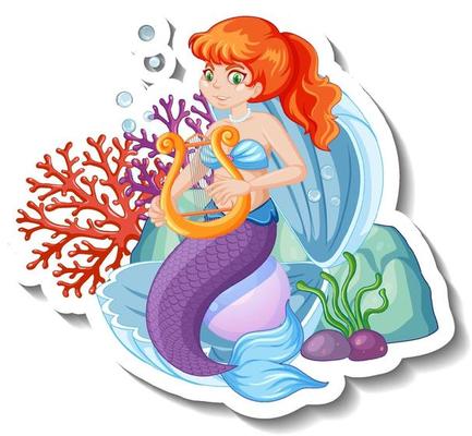 A sticker template with beautiful mermaid cartoon character