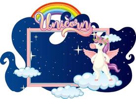 Banner vacío con lindo personaje de dibujos animados de unicornio sobre fondo blanco. vector