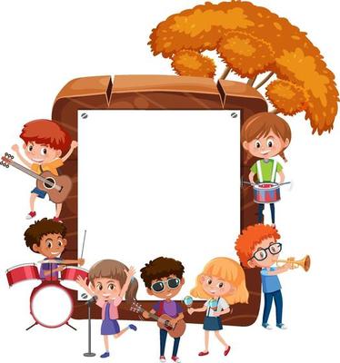 Empty wooden frame with kids playing different musical instruments