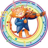 gato tocando el violín en el marco redondo del arco iris con símbolos de melodía vector