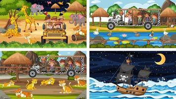 Different scenes with animals in the zoo and pirate ship at the sea vector