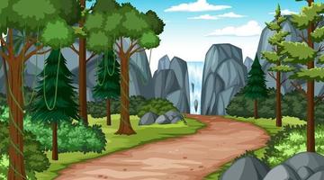 Walkway through the forest into waterfall landscape scene vector