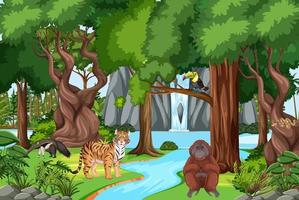 Escena de la naturaleza con un arroyo que fluye a través del bosque con animales salvajes. vector