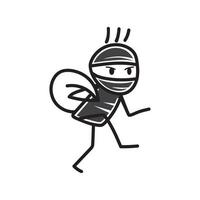 stick figure drawing illustration of thief running with bag of loot vector