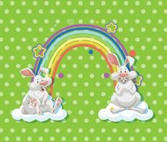 Two rabbits on the cloud with rainbow on green polka dot background vector