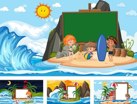 Set of blank banner in different tropical beach scenes