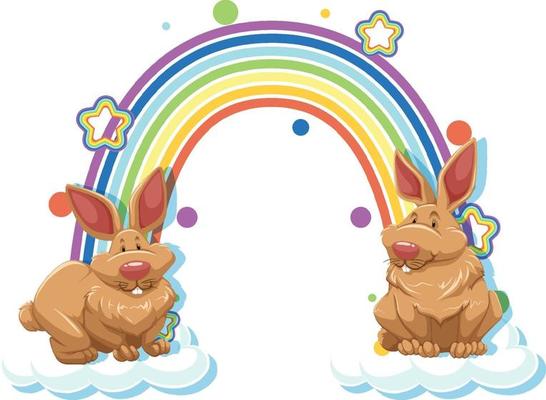 Two rabbits cartoon character with rainbow