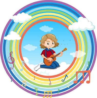 Happy girl playing guitar in rainbow round frame with melody symbol