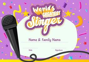 World greatest singer certificate template vector