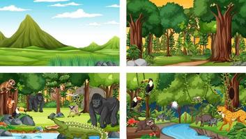 Conjunto de escena horizontal de bosque diferente con varios animales salvajes vector