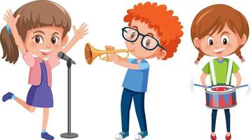 conjunto de diferentes niños tocando instrumentos musicales. vector