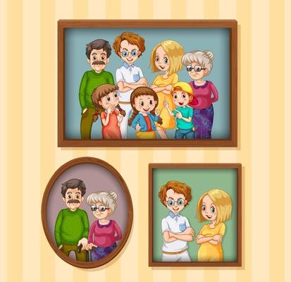 Set of happy family photo on the wooden frame