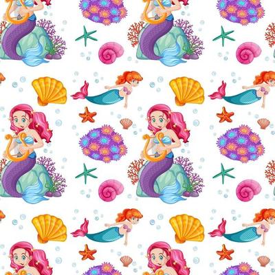 Seamless pattern with mermaid and undersea elements