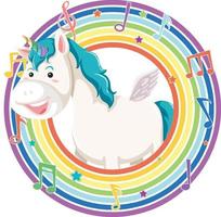 Unicorn in rainbow round frame with melody symbol vector