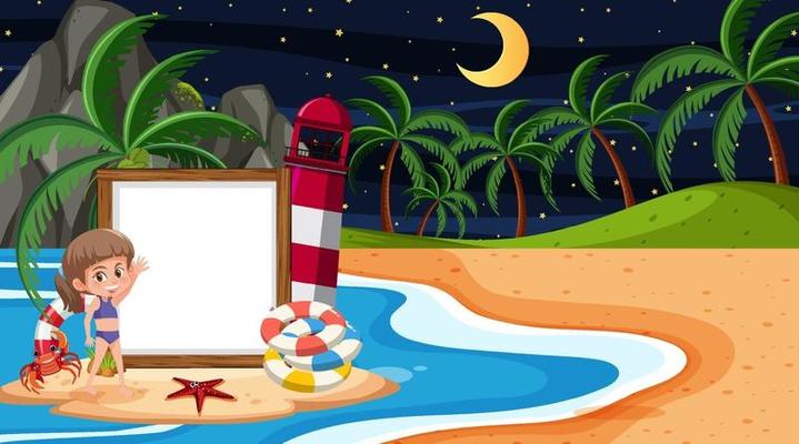 Girl at the beach night scene with an empty banner template