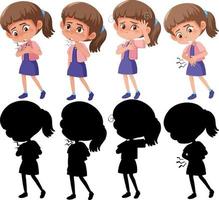 Set of a girl in different positions with its silhouette vector