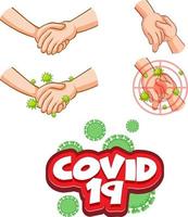 diseño de fuente covid-19 con virus que se propagan al estrechar la mano vector