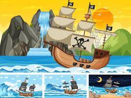 Set of ocean scenes at different times with Pirate ship vector